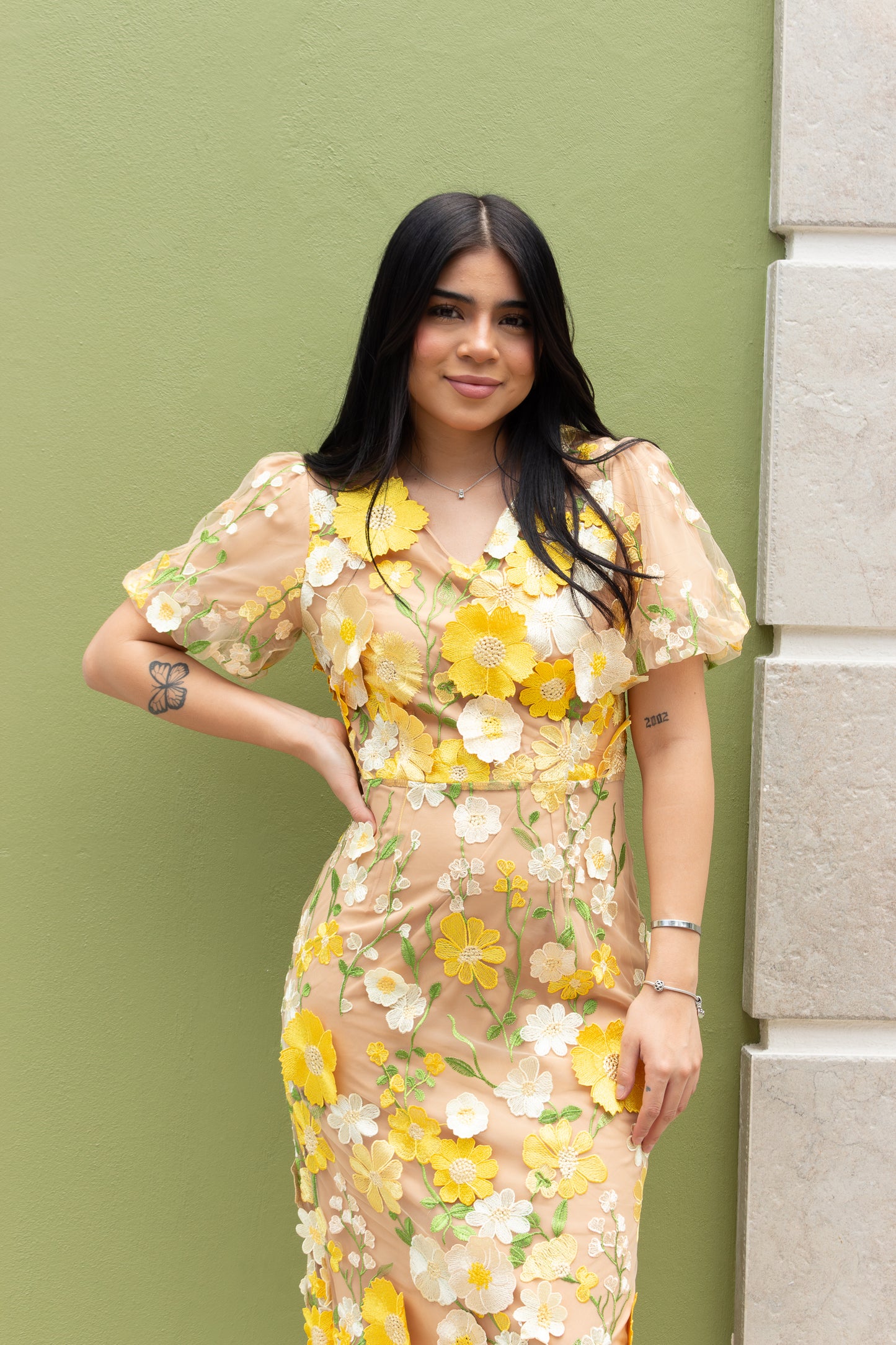 VESTIDO FLORES AMARIÑAS MANGAS GLOBO