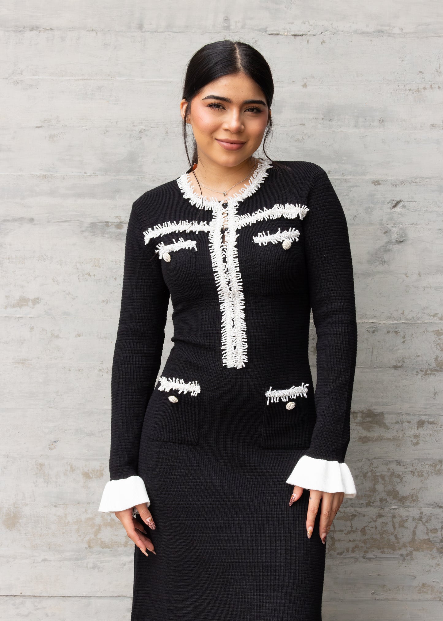 VESTIDO LARGO DE PUNTO CON PERLAS