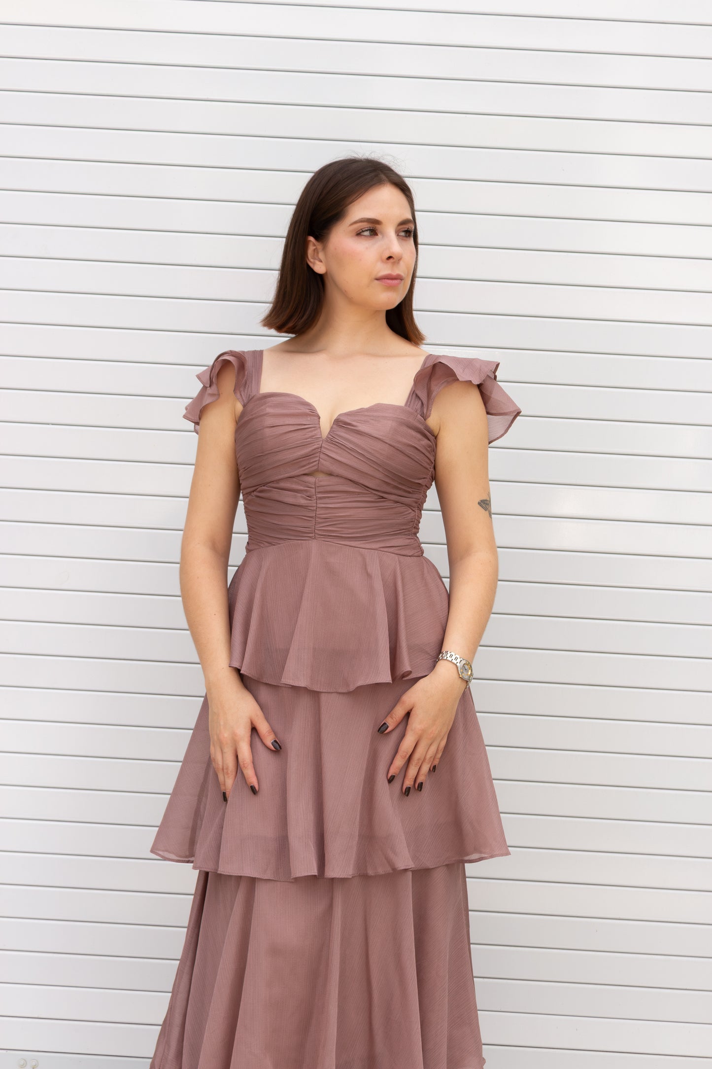 VESTIDO MAUVE CON CAPAS