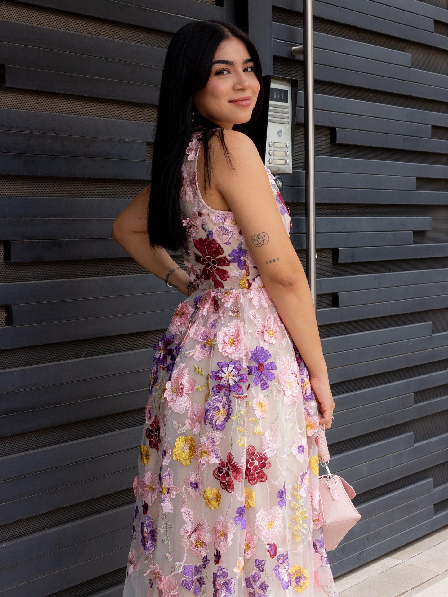 VESTIDO FLORES 3D ROSA Y MORADO