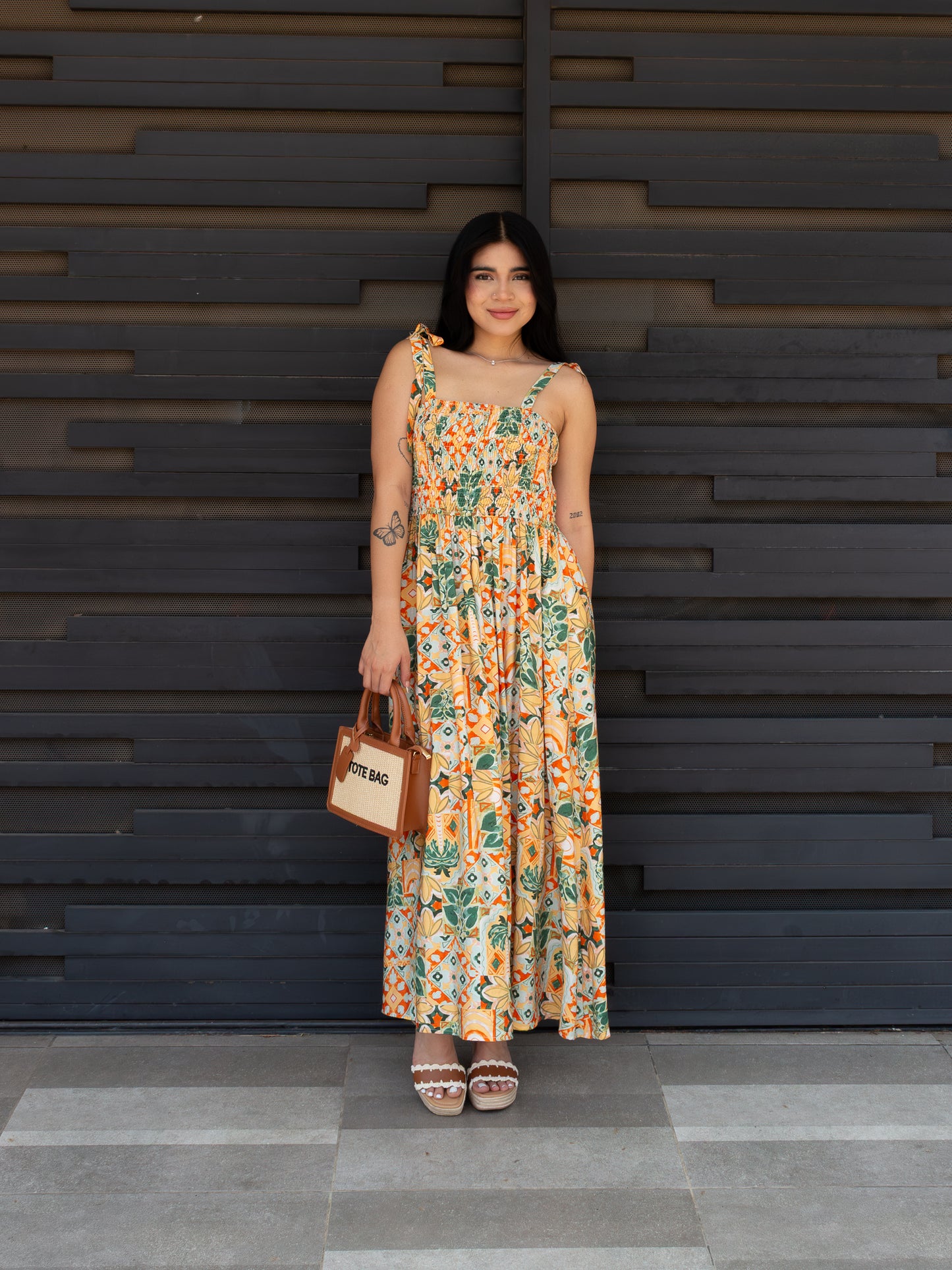 VESTIDO LARGO NARANJA MIDI CON RESORTE