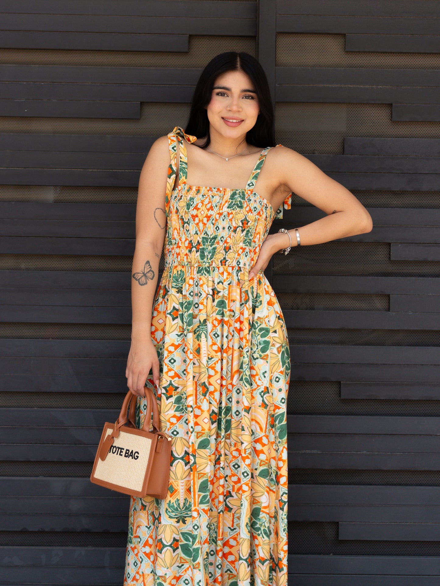 VESTIDO LARGO NARANJA MIDI CON RESORTE