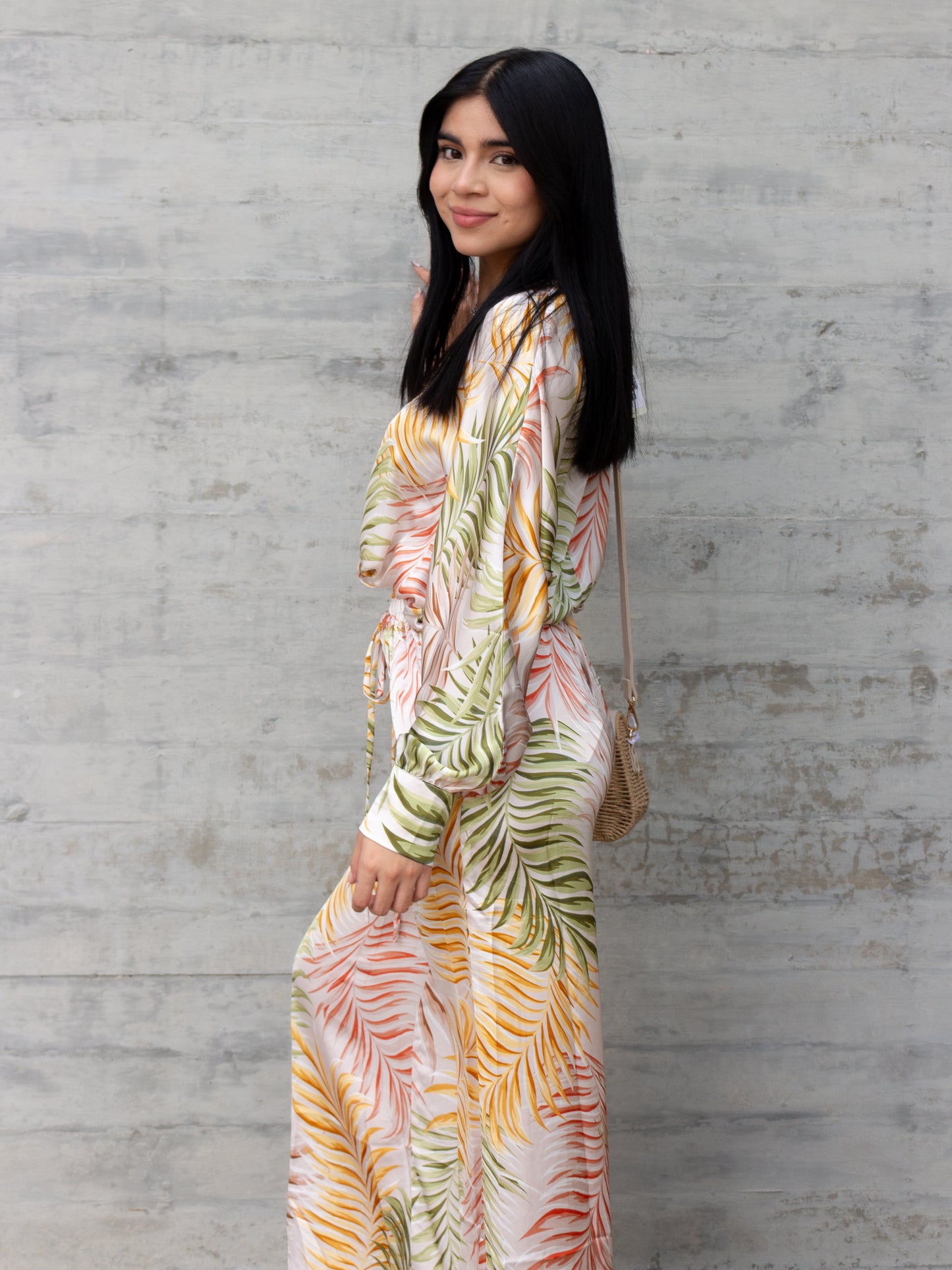 CONJUNTO SATIN TROPICAL AMARILLO CON VERDE