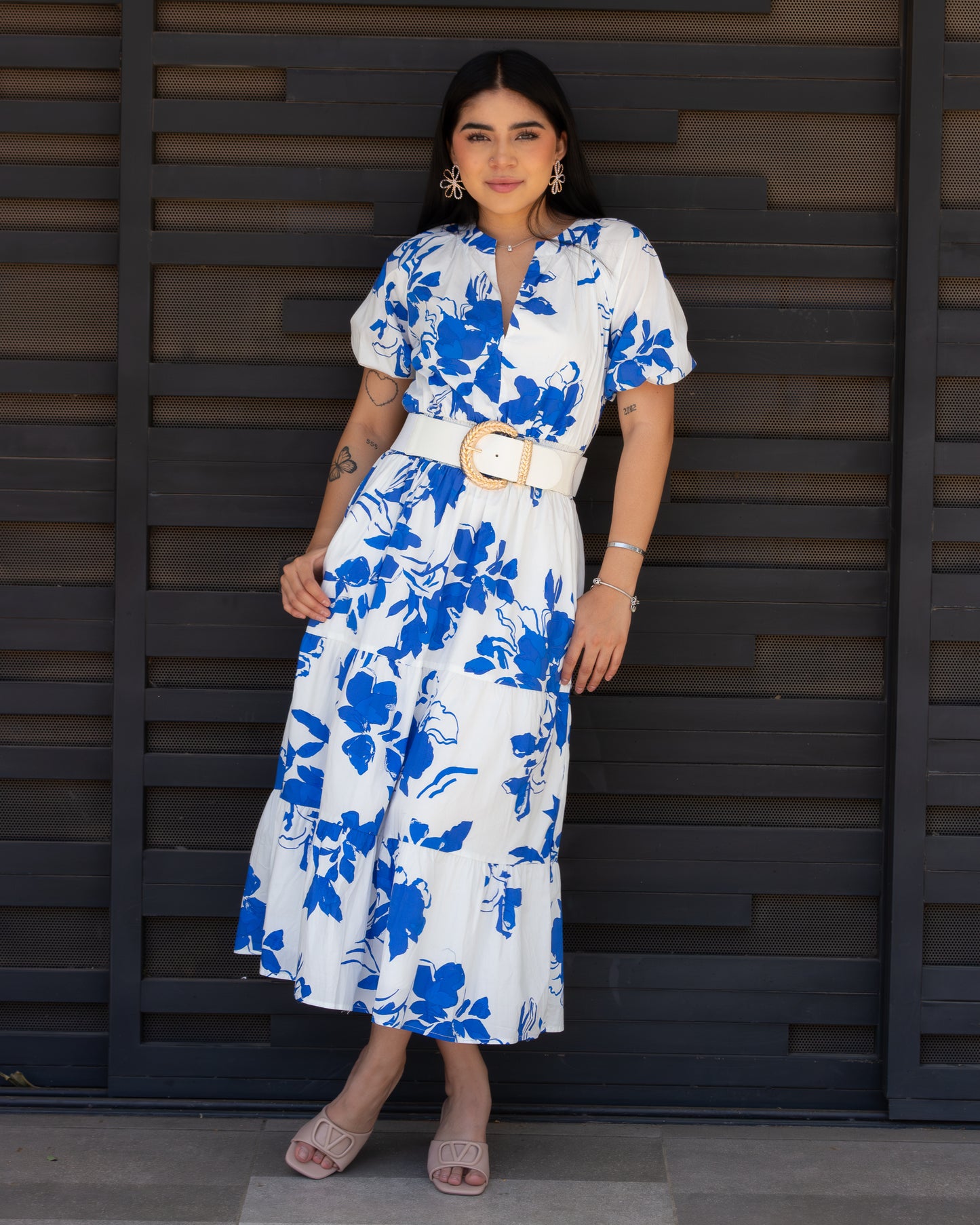 Vestido blanco hojas azules