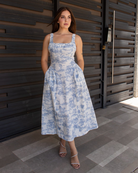 VESTIDO MIDI ILUSTRADO AZUL