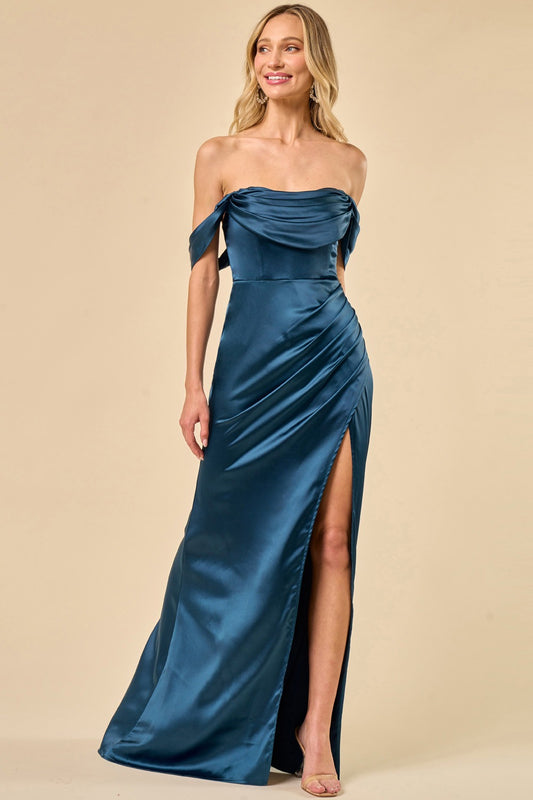 Vestido largo cuello drapeado azul marino