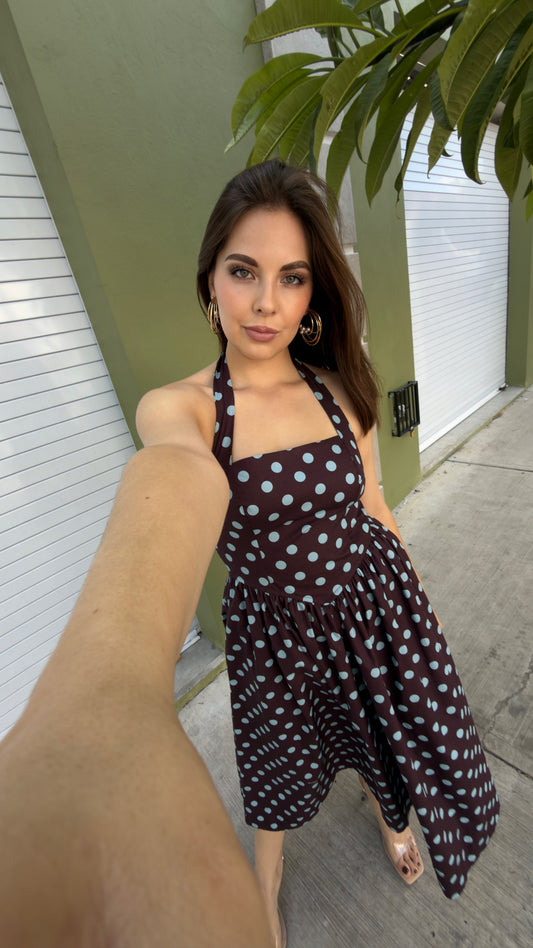 VESTIDO MIDI POLKA DOT CAFE CON AZUL