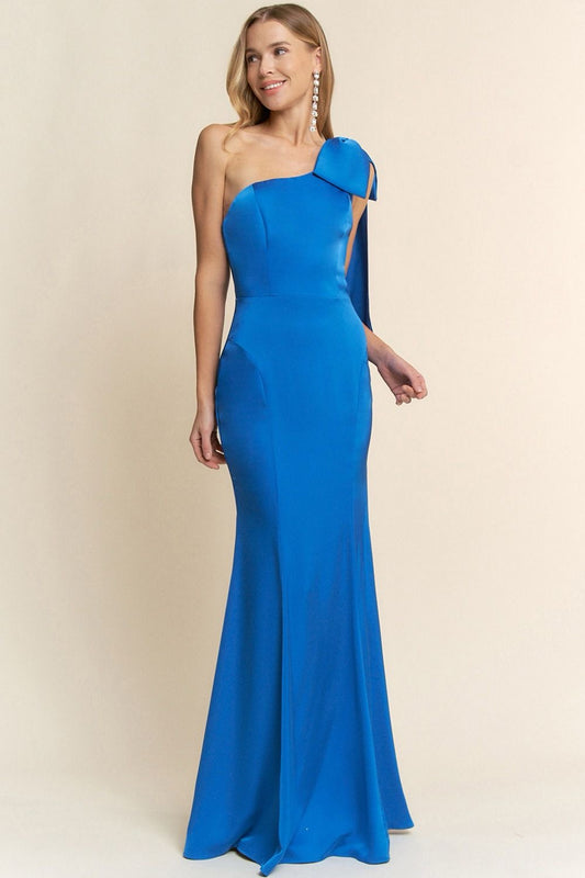 Vestido azul moño de lado satin