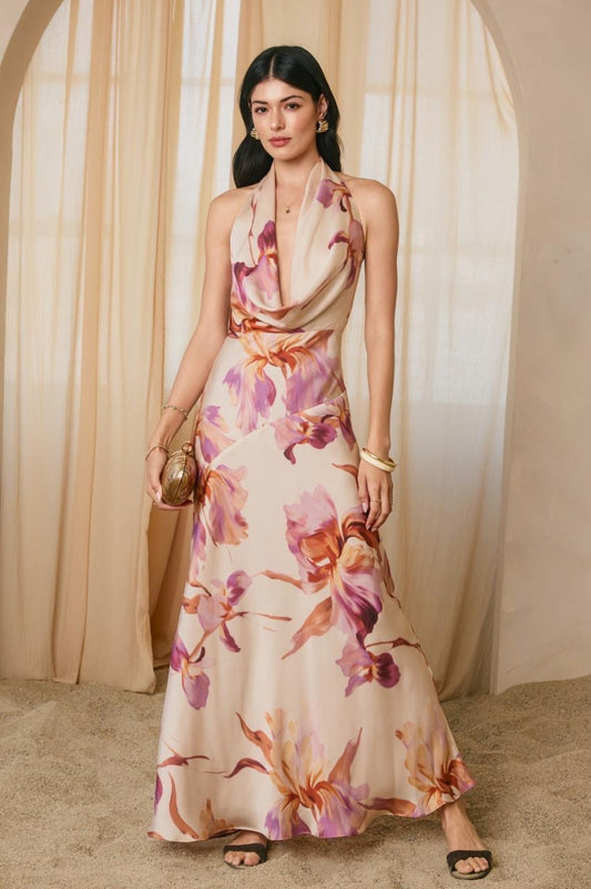 VESTIDO SATIN BEIGE FLORES ROSAS