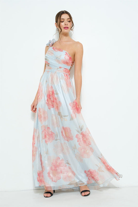 Vestido floreado azul con coral