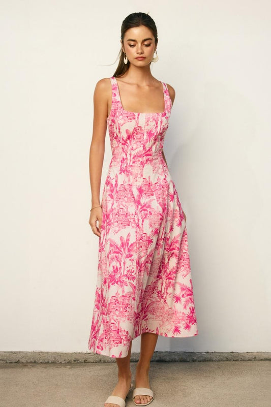 VESTIDO BLANCO CON ROSA PALMERAS