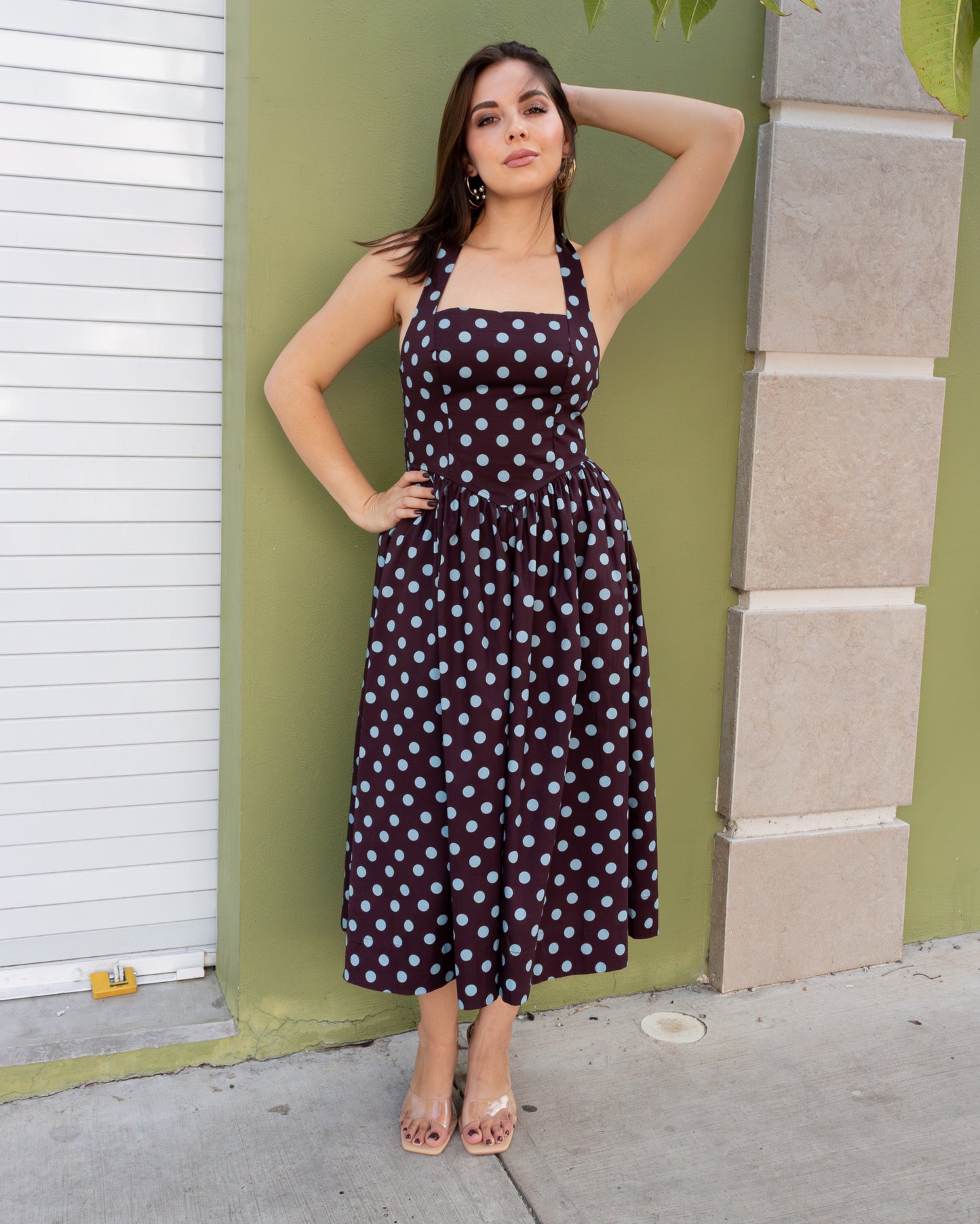 VESTIDO MIDI POLKA DOT CAFE CON AZUL