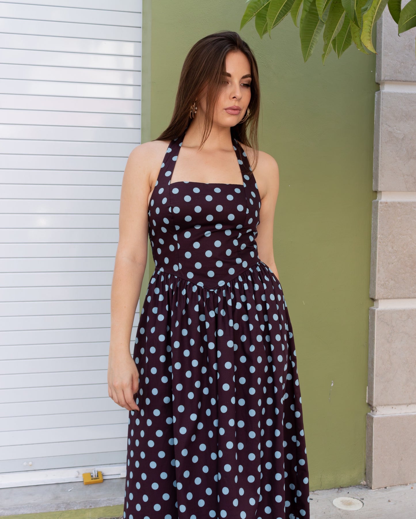 VESTIDO MIDI POLKA DOT CAFE CON AZUL