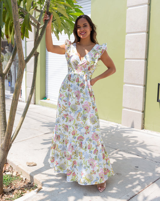 VESTIDO LARGO ESTAMPADO FLOREADO CON MANGA MARIPOSA