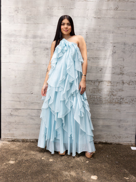 VESTIDO OLANES AZUL CIELO LARGO