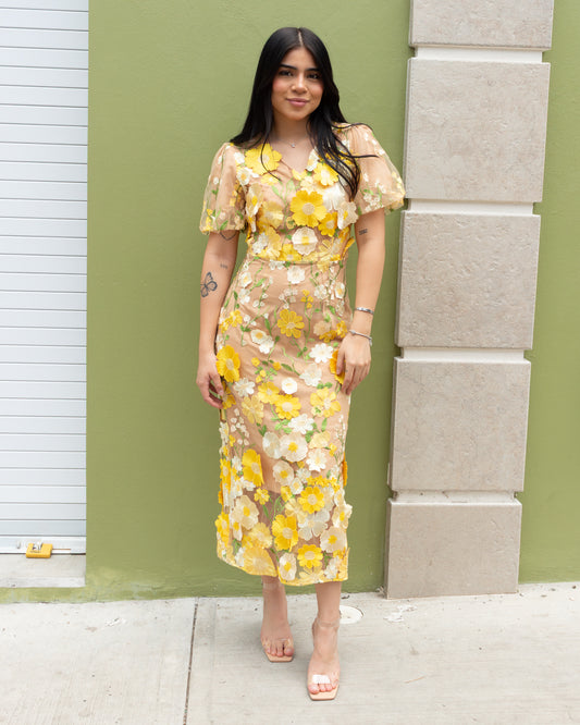 VESTIDO FLORES AMARIÑAS MANGAS GLOBO
