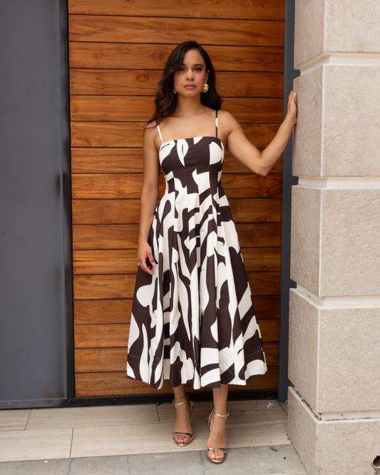 VESTIDO MIDI CAFE CON BEIGE