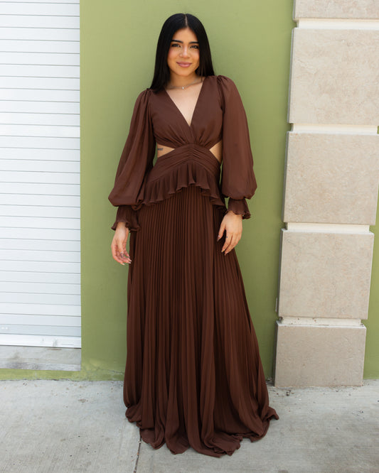 VESTIDO CAFÉ MANGAS CUT OUT