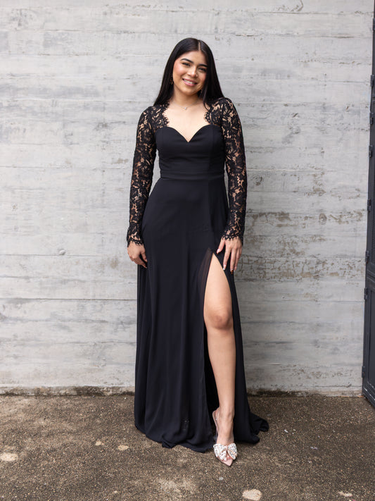 VESTIDO MANGAS DE ENCAJE NEGRO