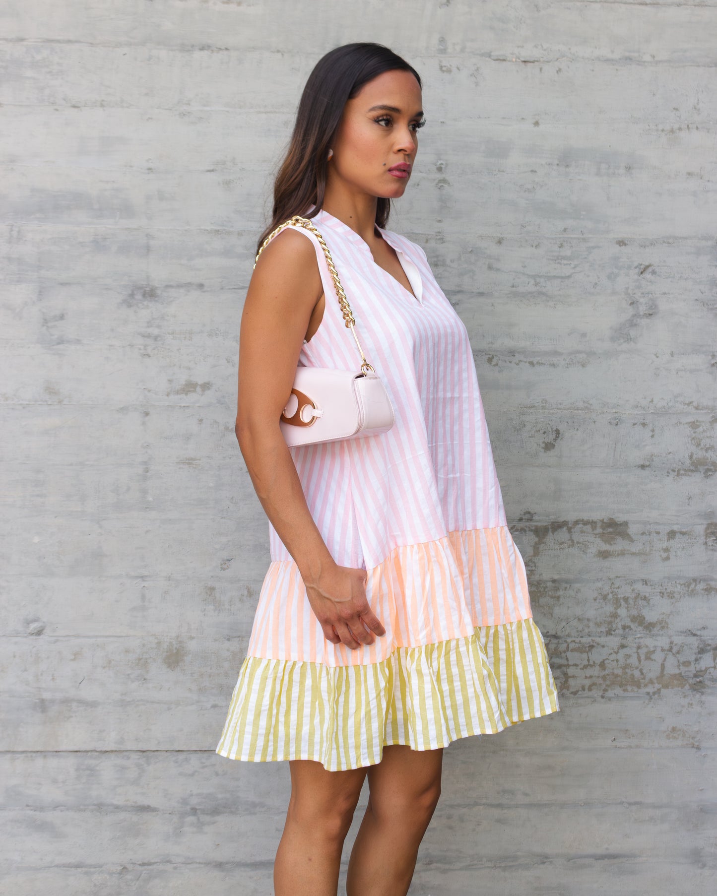 VESTIDO DE RAYAS ROSA NARANJA Y AMARILLO