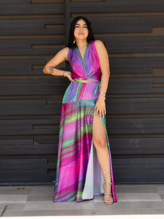 VESTIDO TONOS MORADOS Y VERDES SIN MANGA