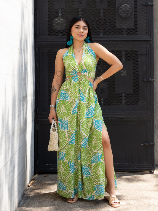 VESTIDO VERDE CON AZUL CUT OUT