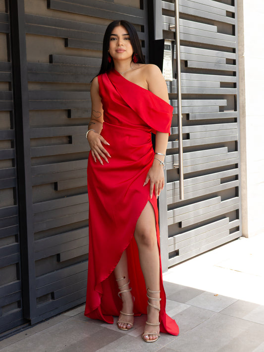 VESTIDO ASIMETRICO ROJO SATIN