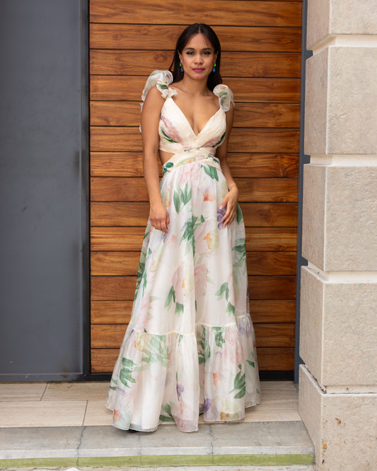VESTIDO DE FLORES CUT OUT BEIGE