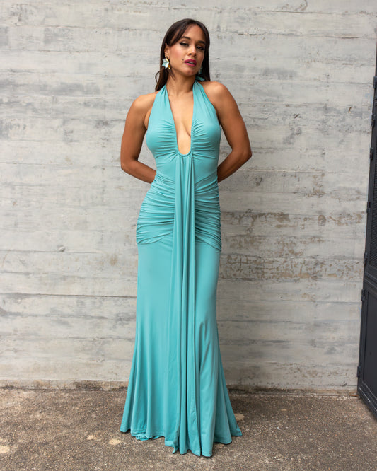 VESTIDO LARGO AZUL TURQUESA CON ESCOTE