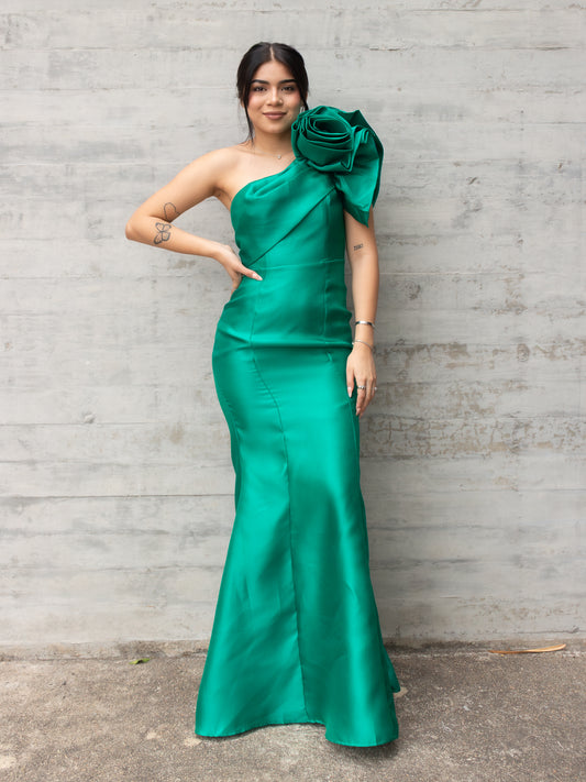 VESTIDO CORTE SIRENA VERDE CON FLOR
