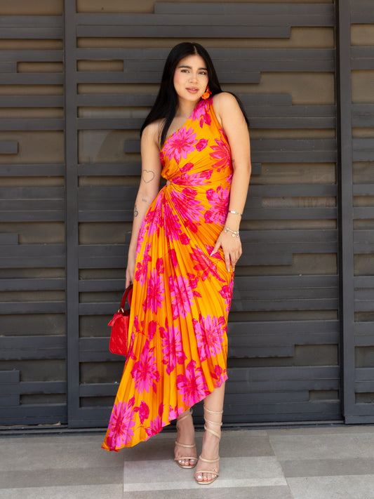 VESTIDO ASIMETRICO NARANJA CON FLORES