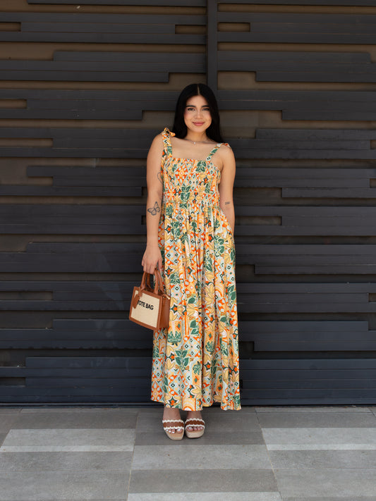 VESTIDO LARGO NARANJA MIDI CON RESORTE