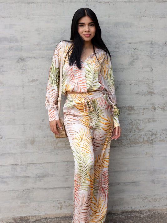CONJUNTO SATIN TROPICAL AMARILLO CON VERDE