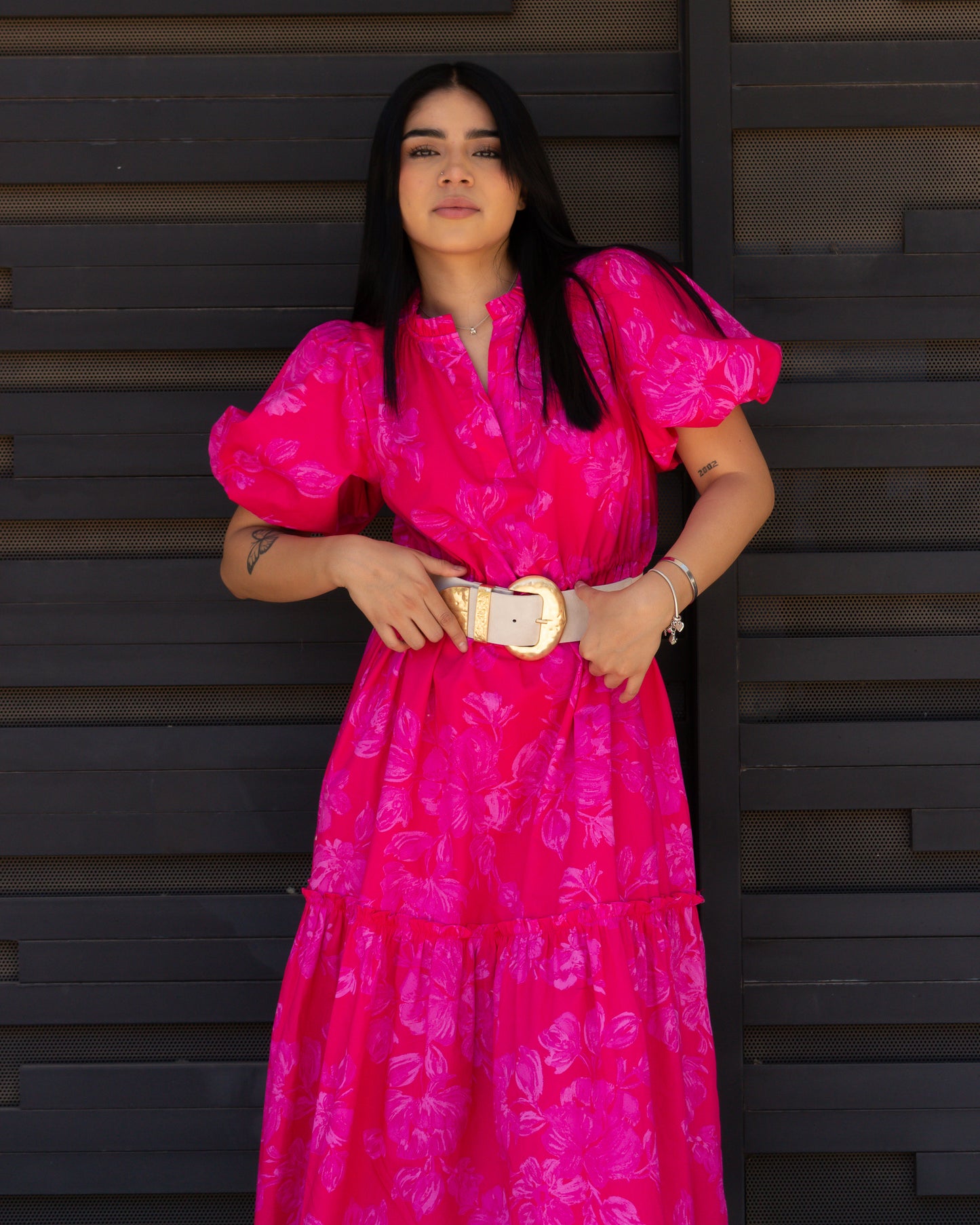 VESTIDO ROSA MEXICANO LARGA MANGAS GLOBO
