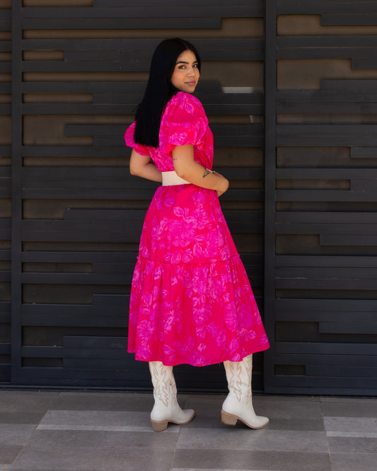 VESTIDO ROSA MEXICANO LARGA MANGAS GLOBO