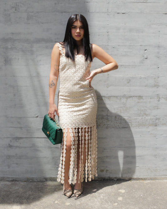 VESTIDO BEIGE TIRAS CIRCULARES