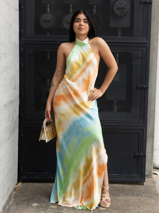 VESTIDO LARGO HALTER TIPO SATIN TIE DYE